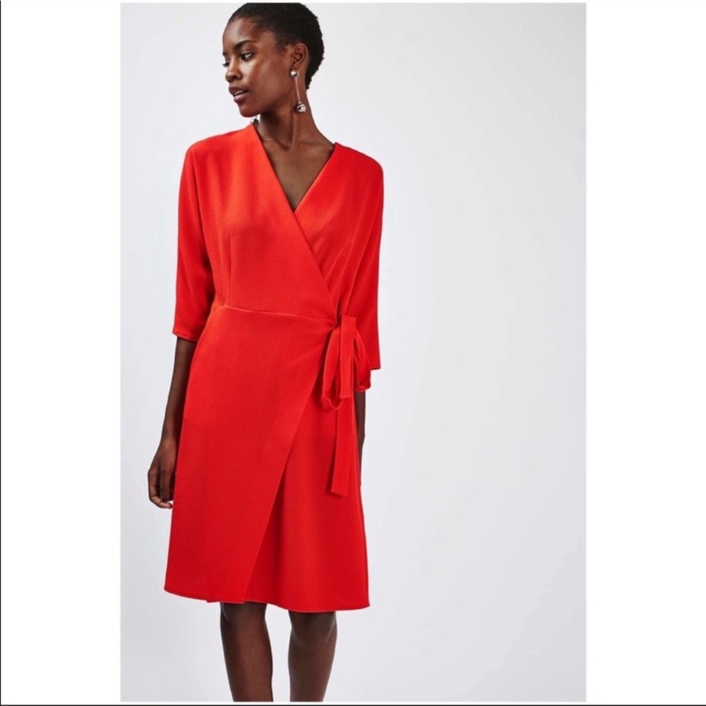 Topshop short sleeve wrap midi dress tie 3/4 sleeve red size 6